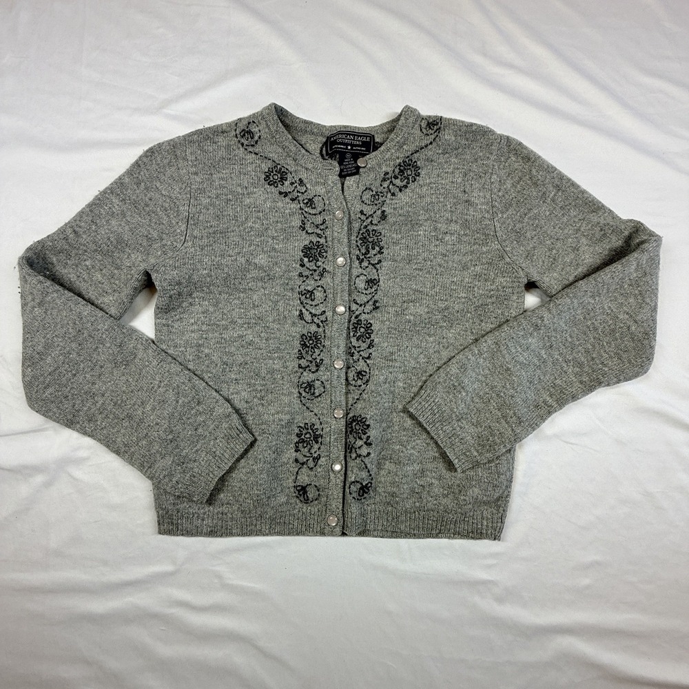 90's American Eagle Outfitters Gray Lambswool Embroidered Cardigan Sweater Med.